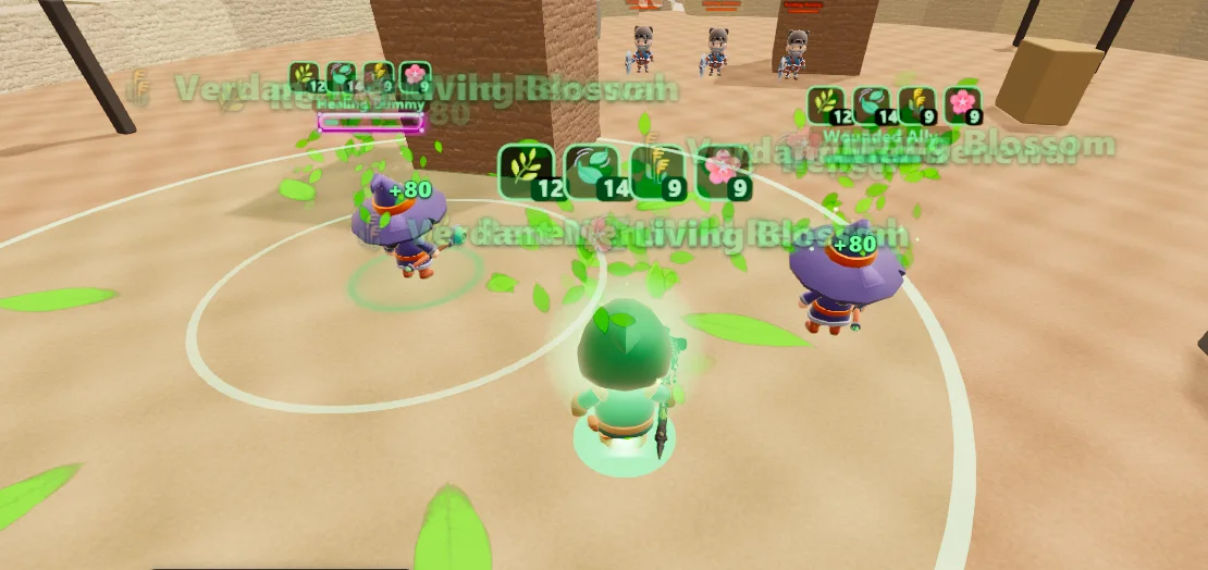 A healer's blossom ability showers three allies in healing leaves in the desert arena