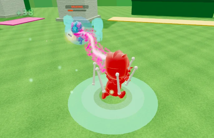 A shaman's hex beam turns an enemy champion bright red mid-fight in the gardens arena