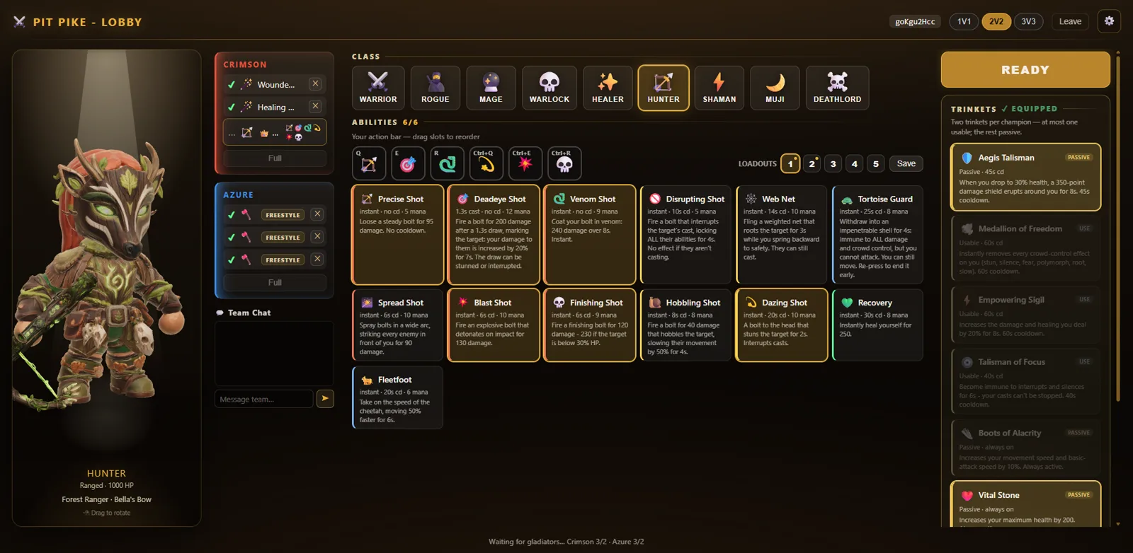 The Pit Pike lobby: a hunter champion beside the class roster, ability grid and trinket list