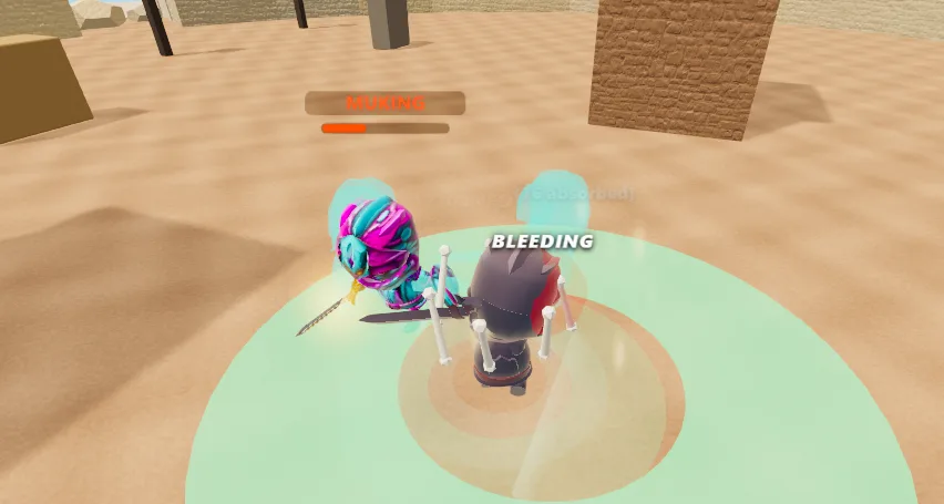 A rogue and a warrior trade blows in the desert arena while a bleed effect ticks