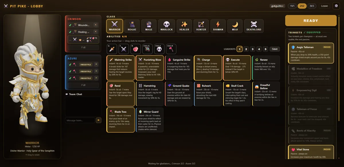 The pre-match lobby with a gilded warrior champion and his ability loadout