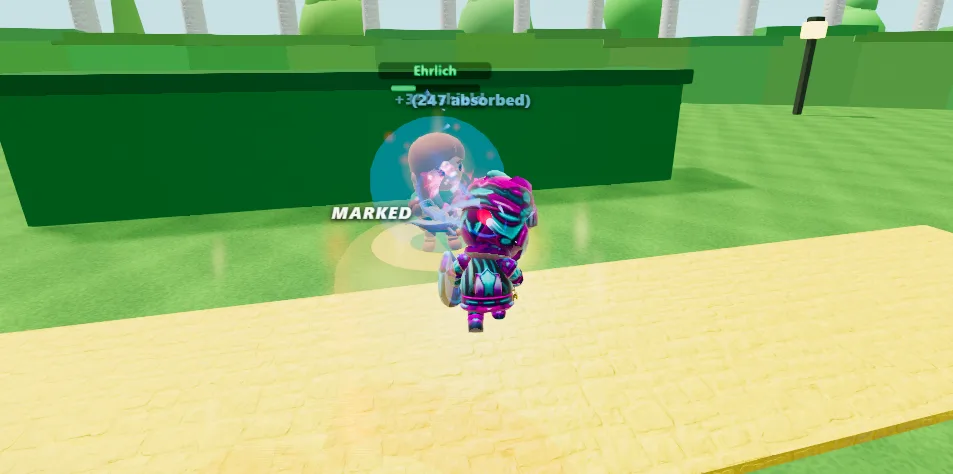 A marked healer absorbs a burst of damage behind a shield in the gardens arena