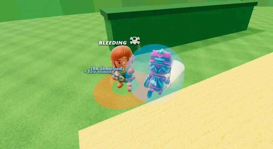 Two champions duel at close range while a shield absorbs the damage